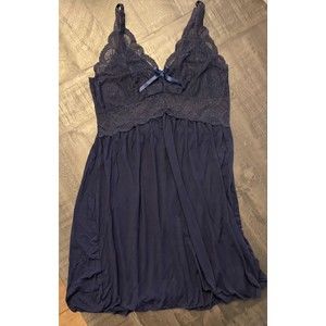 Elegant Navy Lace Trim Nightgown